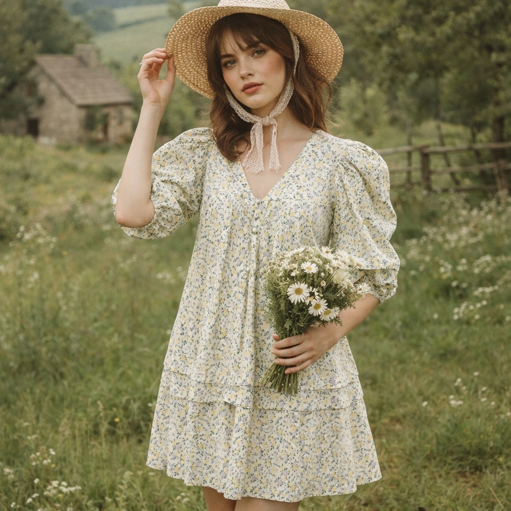 Mable Floral Puff Sleeve Tiered Mini Dress Cottagecore Babydoll